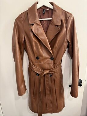 H&M Faux Leather Trench Coat in Brown